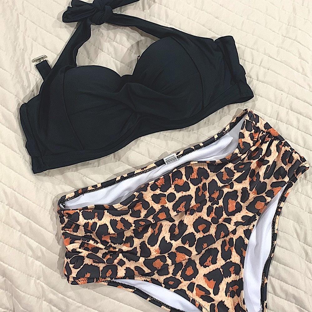 Bikini set of two large padded wired cups top and high waisted bottoms cheetah